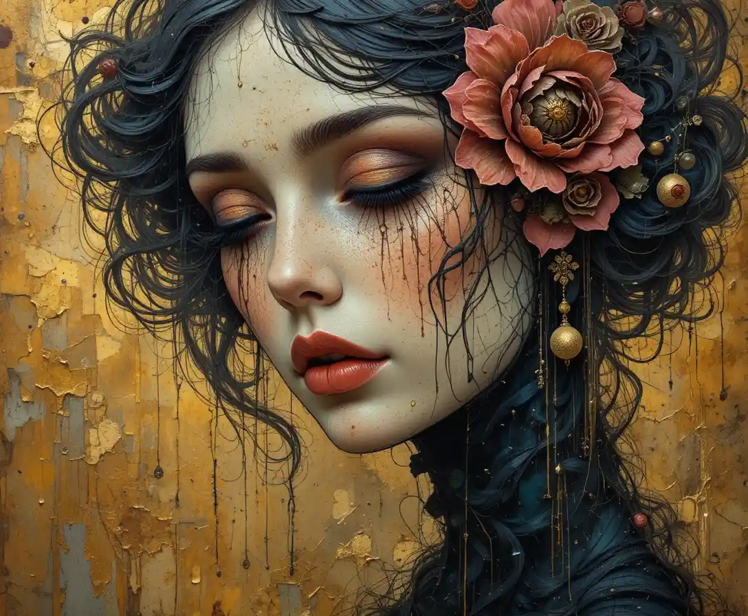 Abstract floral vision with mourning tones and 3D textured tears
