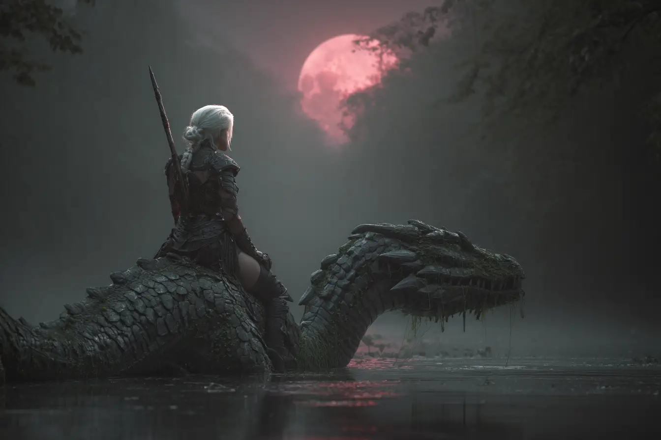 White haired warrior riding a sea serpent in misty swamp