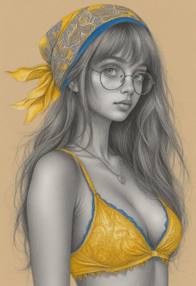 Color pencil portrait of a girl in yellow bandana