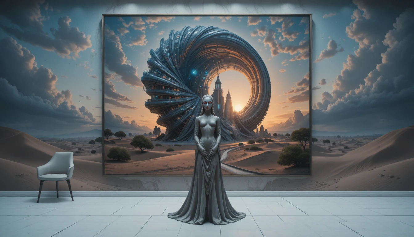 Futuristic Spiral Building Rising Above Desert Dunes at Dusk
