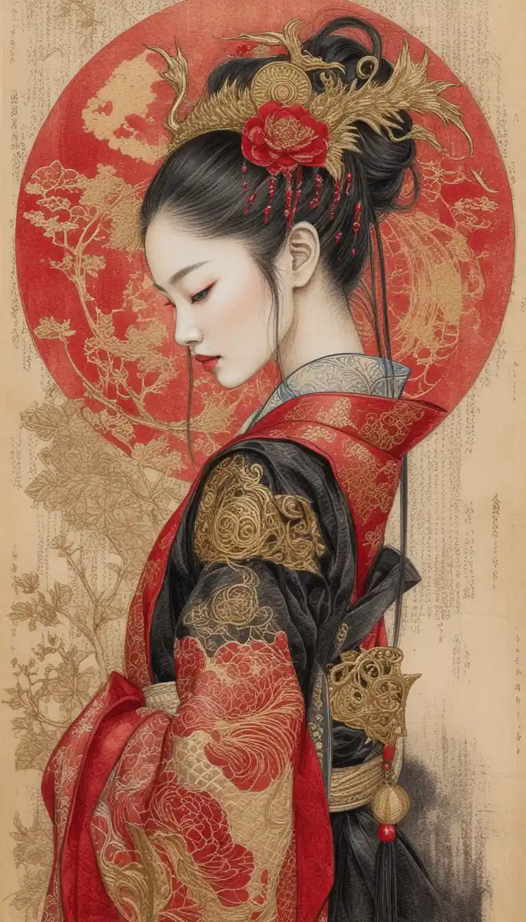 Elegant profile of a woman in ornate dragon kimono