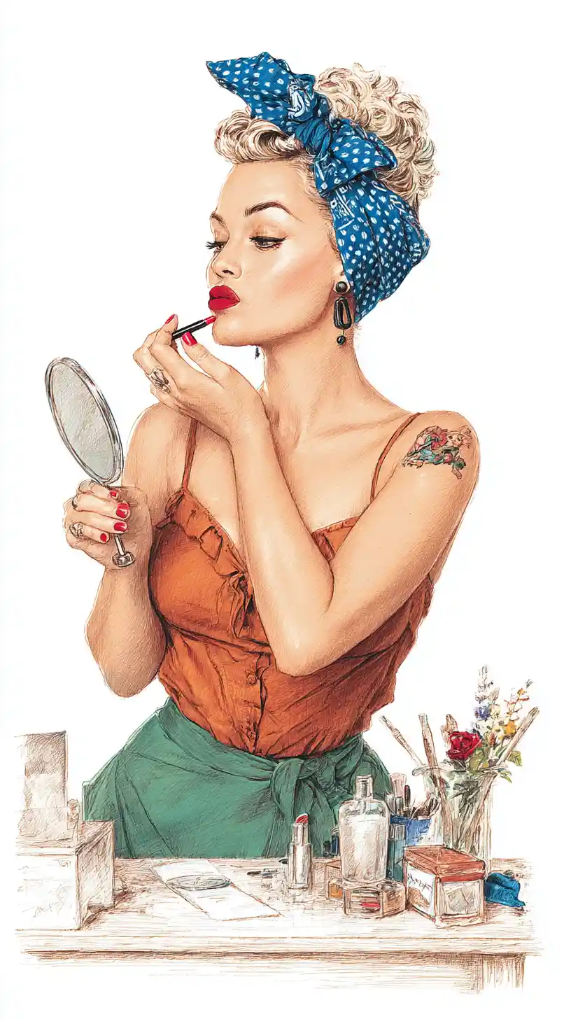 Pin-up loira passando batom vermelho na penteadeira
