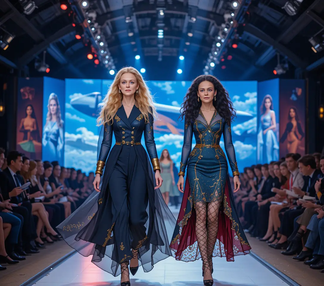 Two women modeling futuristic pilot fashion on catwalk