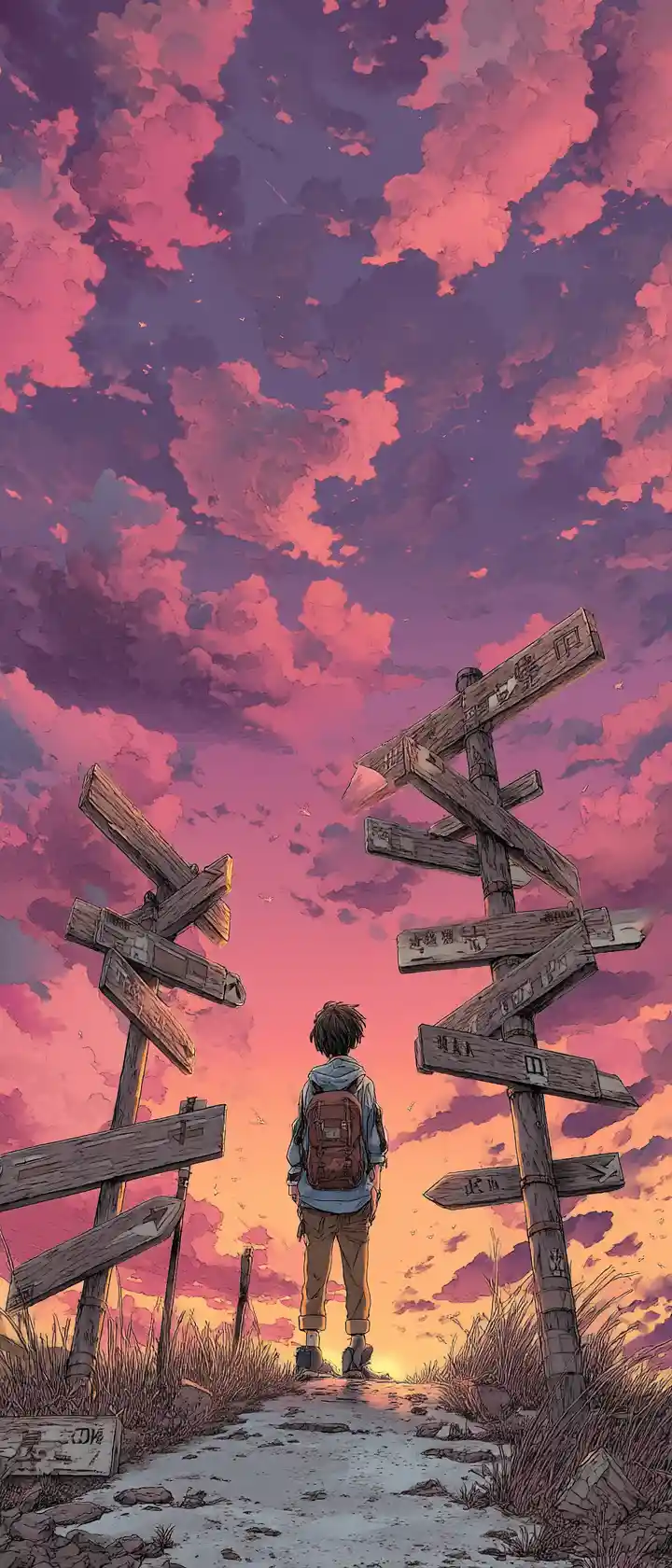 Müder Anime-Reisender an einer stillen, vergessenen Wegkreuzung
