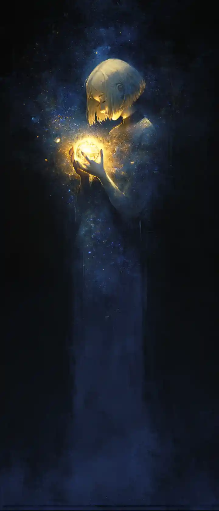 Anime figure cradling a dying glowing world in space