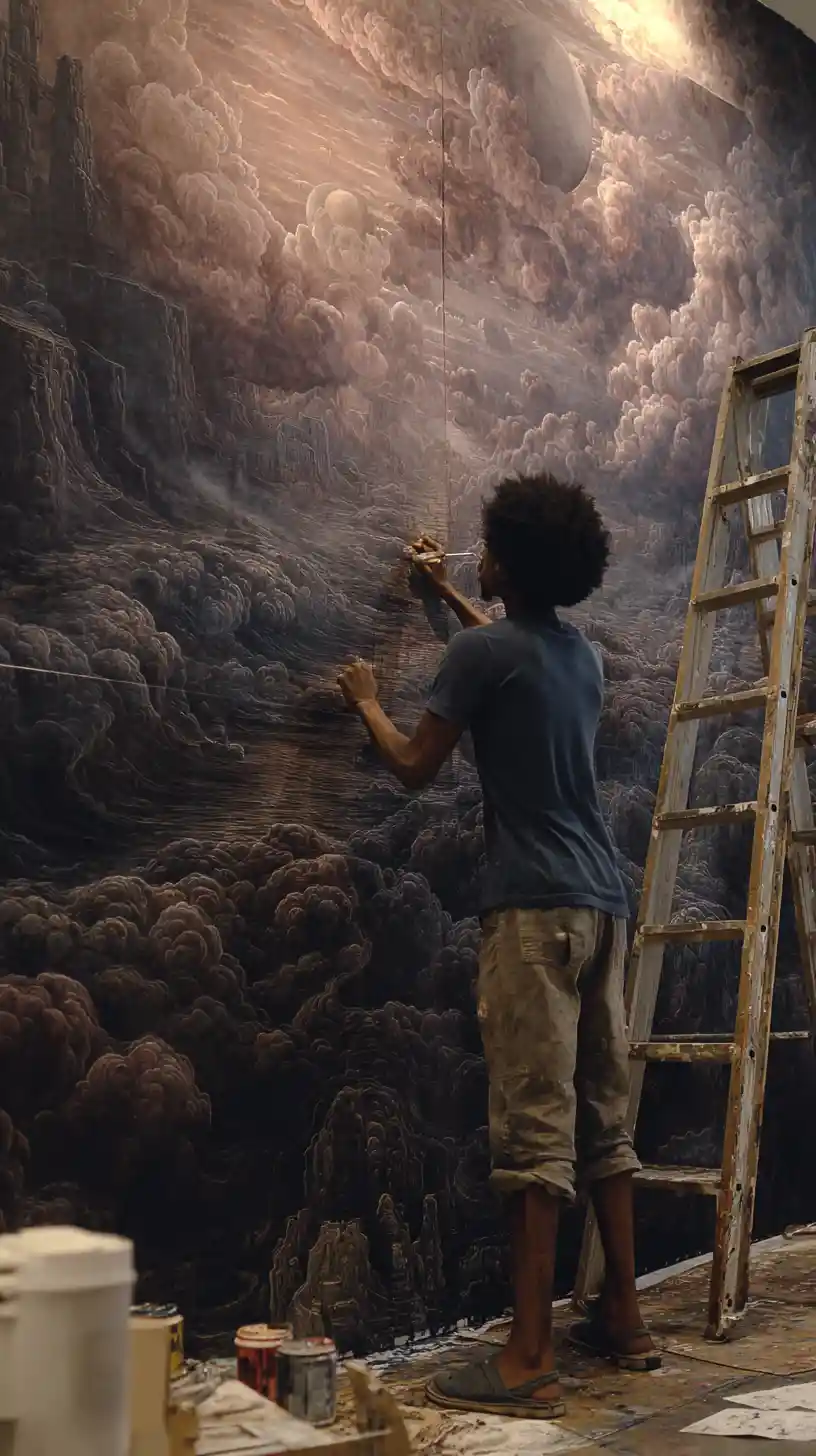 Mann, der ein gewaltiges surreales Wandgemälde des Kosmos malt