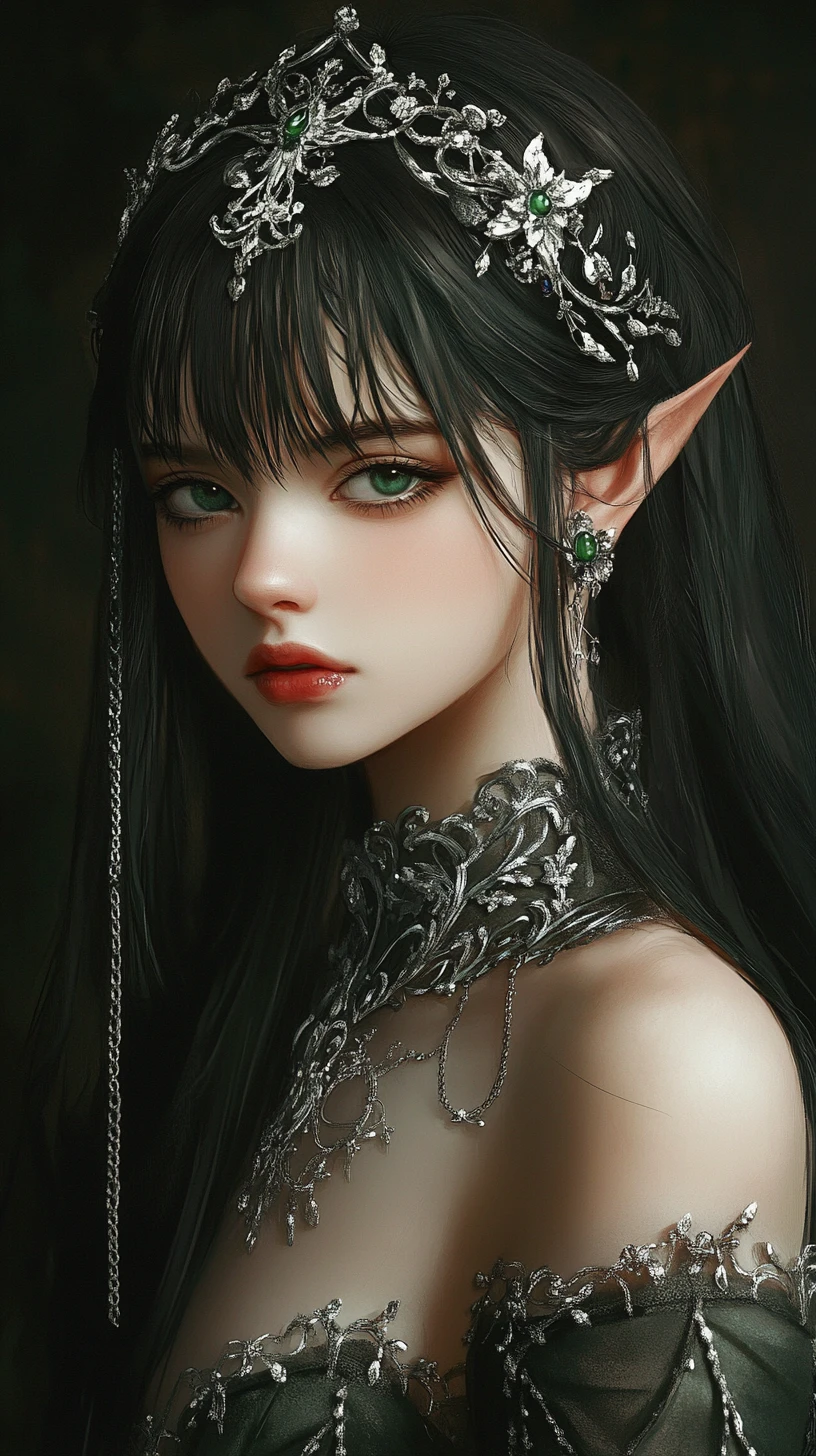 은빛 장신구를 한 몽환적인 다크 엘프 소녀 초상