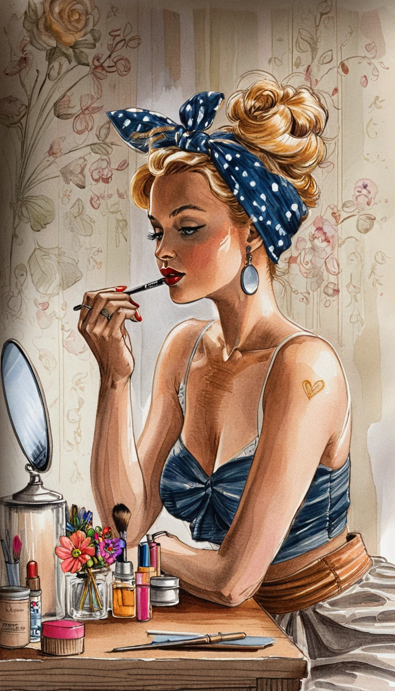 Blonde woman applying lipstick at a vintage dressing table