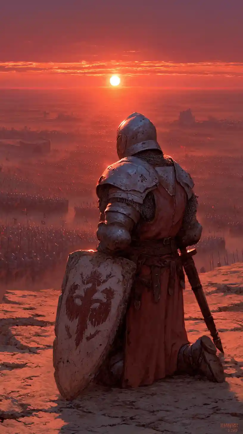 Cavaliere corazzato di fronte a un campo di battaglia avvolto nella nebbia all'alba