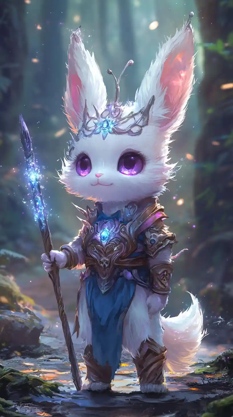 Cute armored fox like warrior in enchanted forest twilight