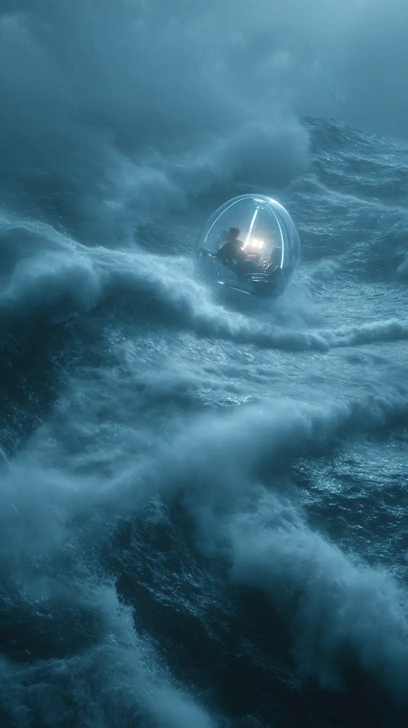 Afrofuturistic man piloting a pod on stormy ocean waves