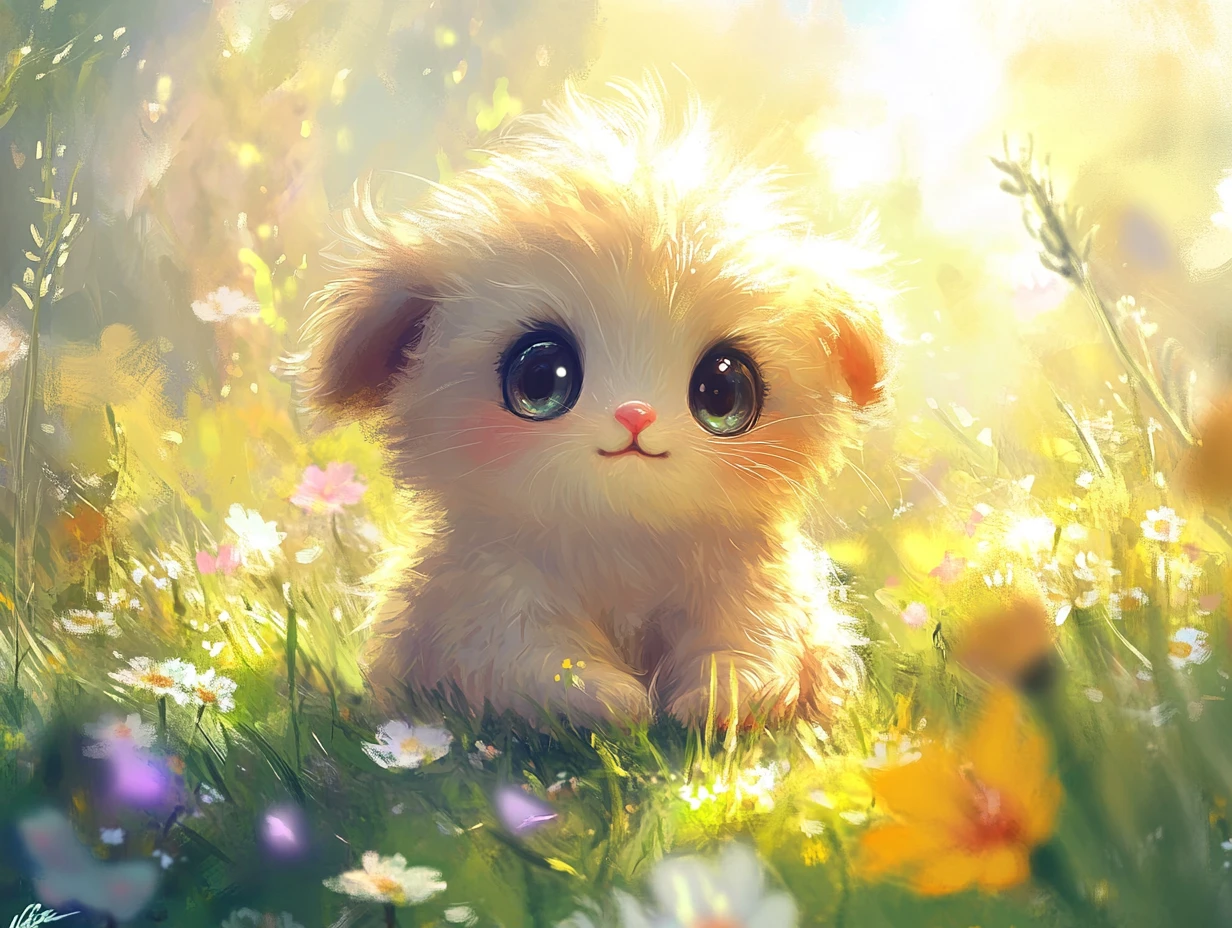 Cute baby animal sitting in a sunny flower meadow