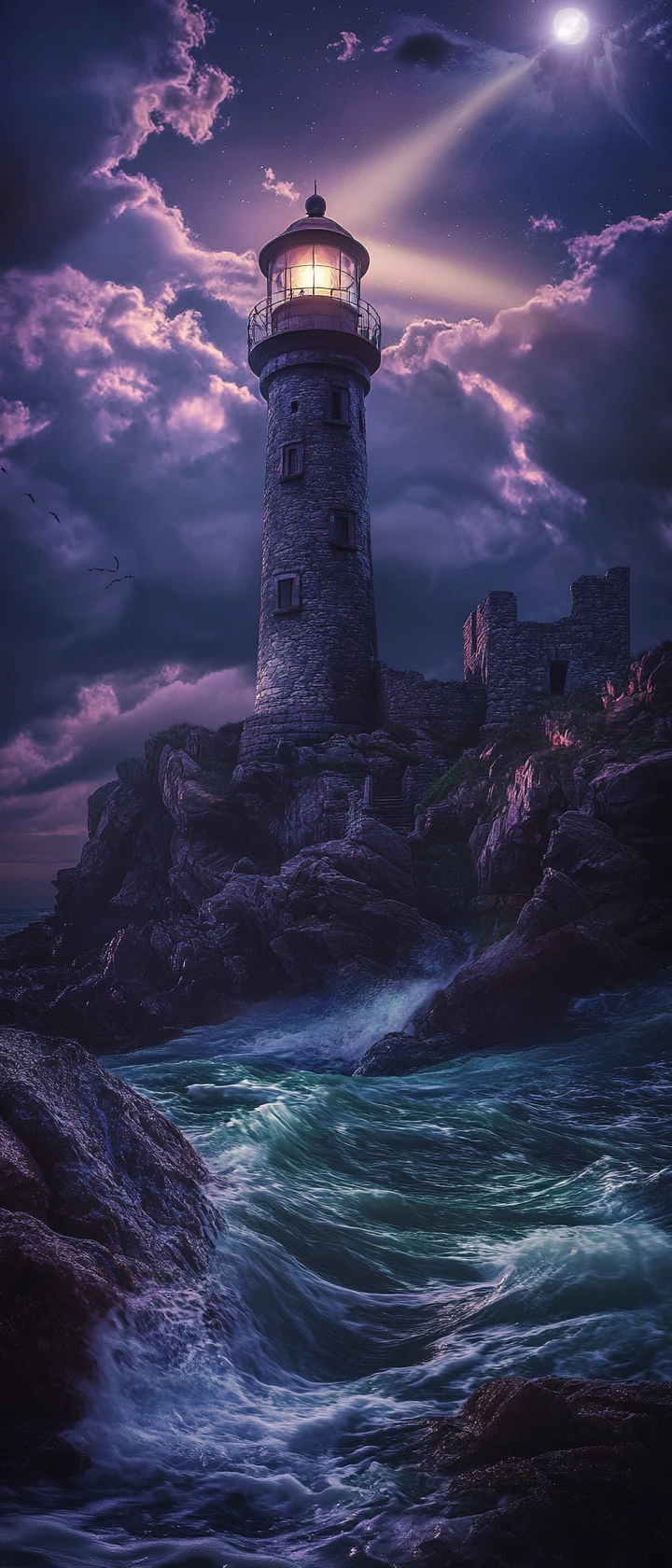 Moonlit lighthouse above stormy cliffs and crashing waves