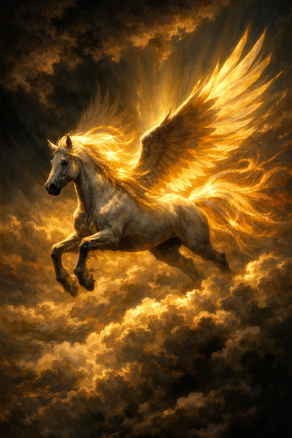 Chiaroscuro Pegasus Galloping Through Dawnlit Clouds