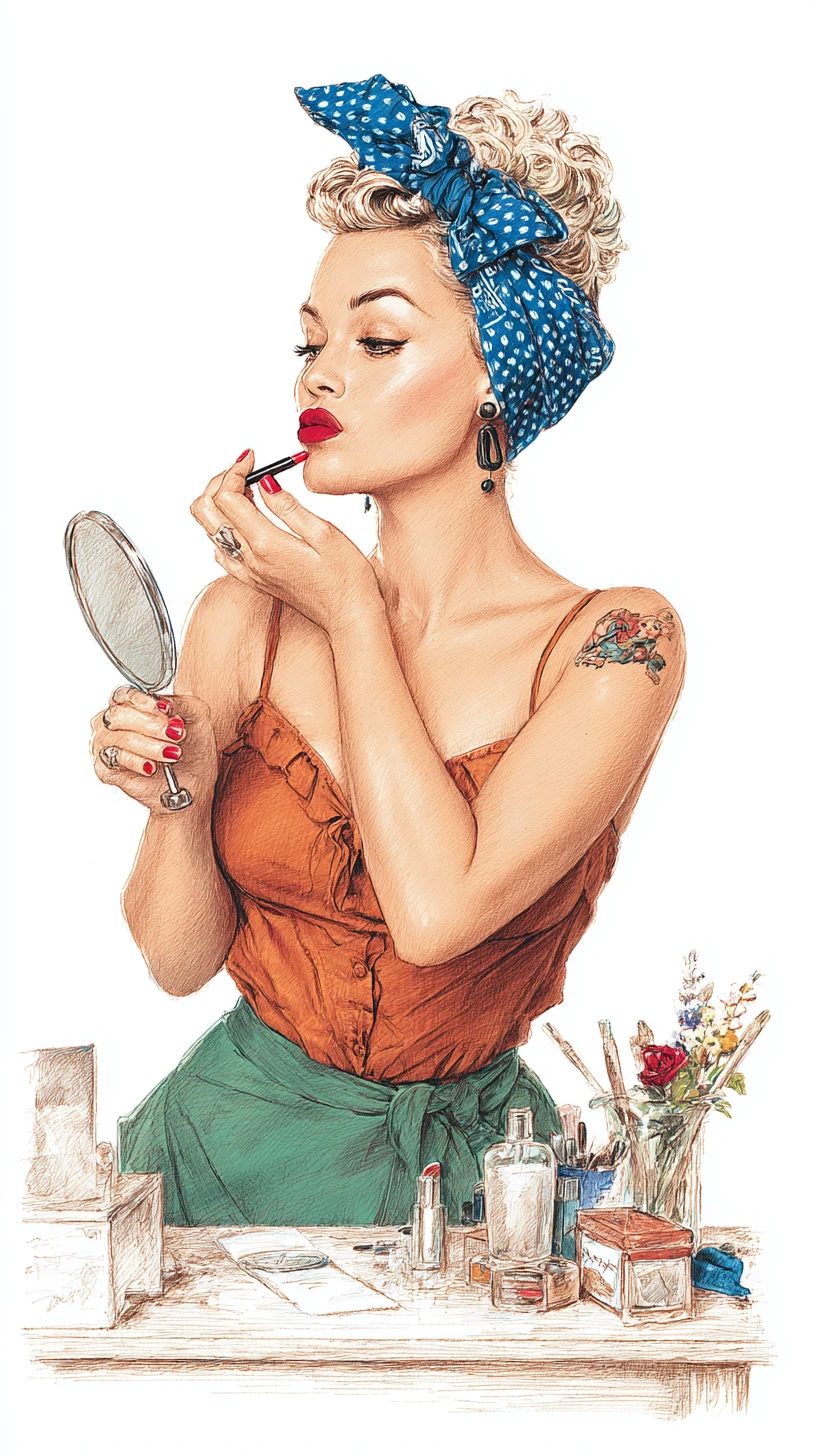 Pin-up loira passando batom vermelho na penteadeira