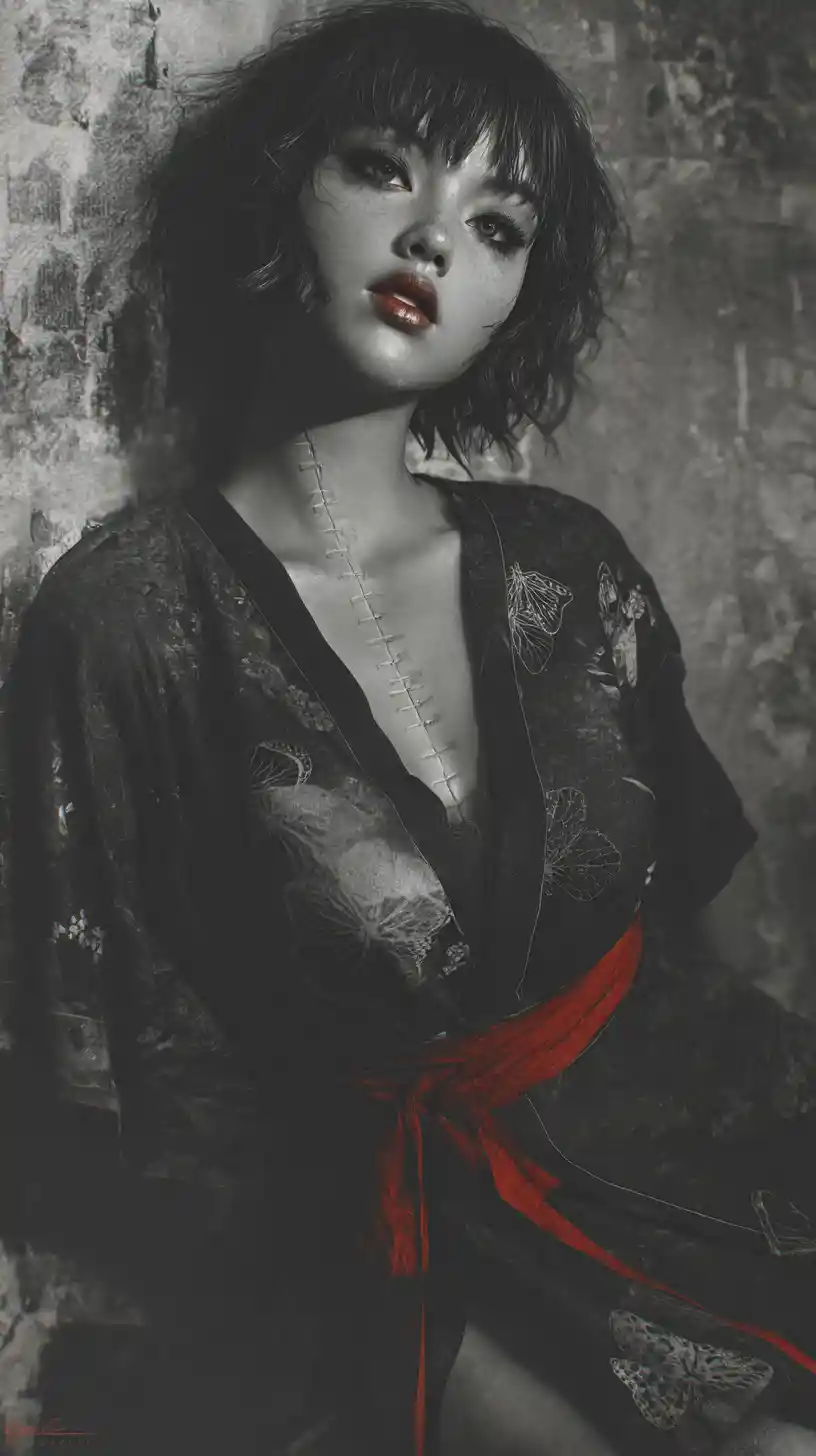 Melancholic girl in dark kimono with stitched face portrait