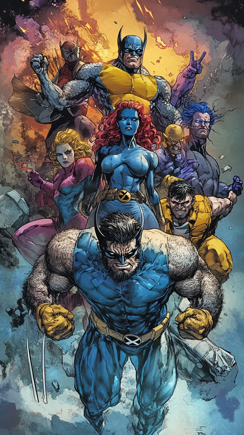 Héroes de X-Men unidos en una poderosa pose de portada de cómic
