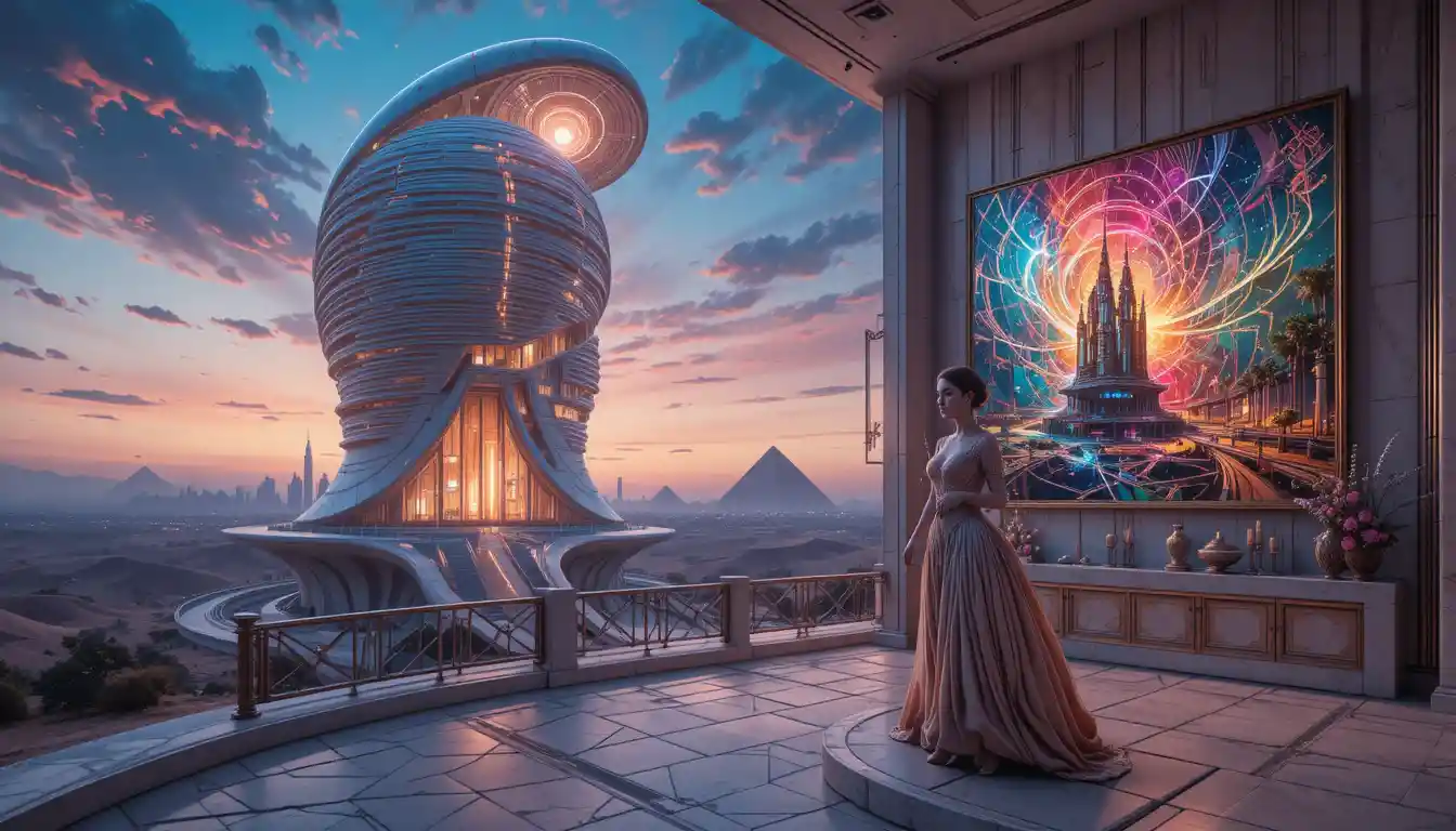 Futuristic spiral shell building under a surreal twilight sky
