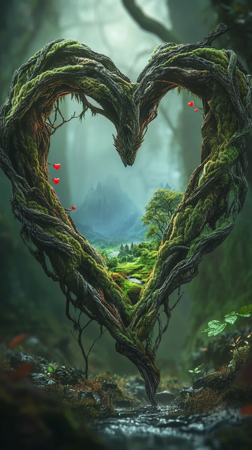 Heart shaped forest tree framing a glowing inner world