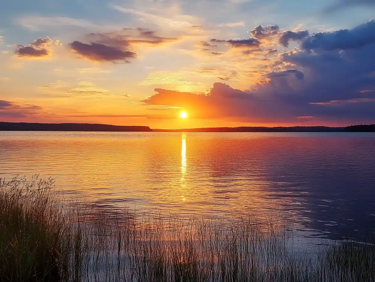 Tramonto pacifico che illumina un calmo lago di montagna