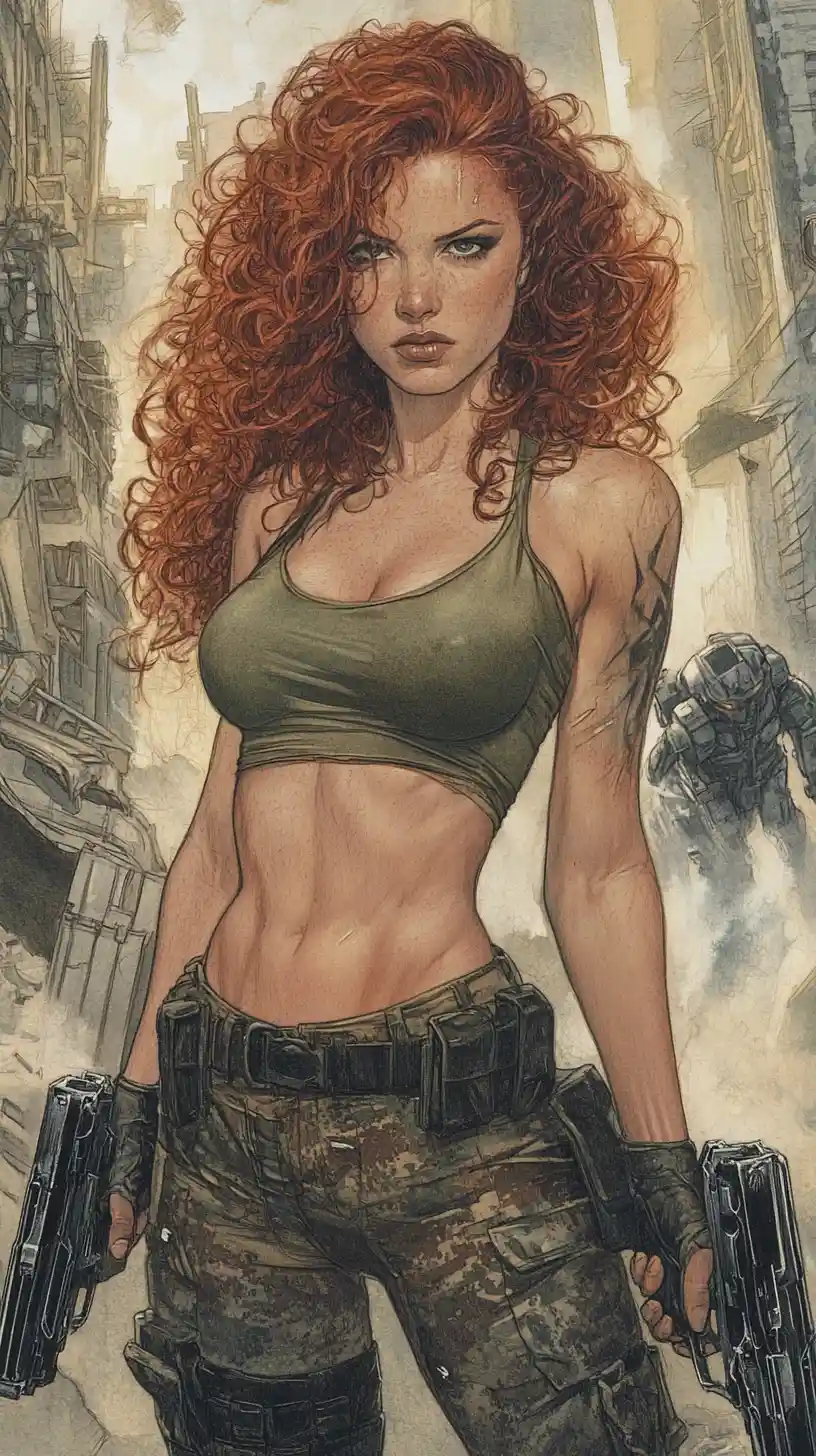Battle hardened woman with pistols in ruined city