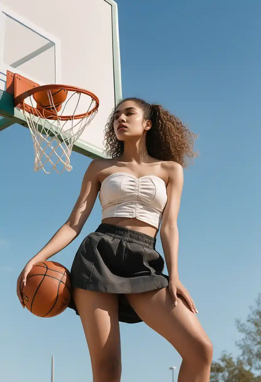 Confident woman on basketball hoop in baroque style portrait
