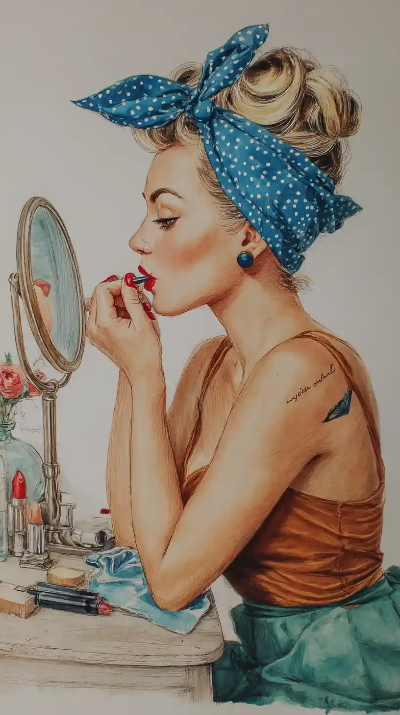 Blonde pin up woman applying lipstick at vintage vanity