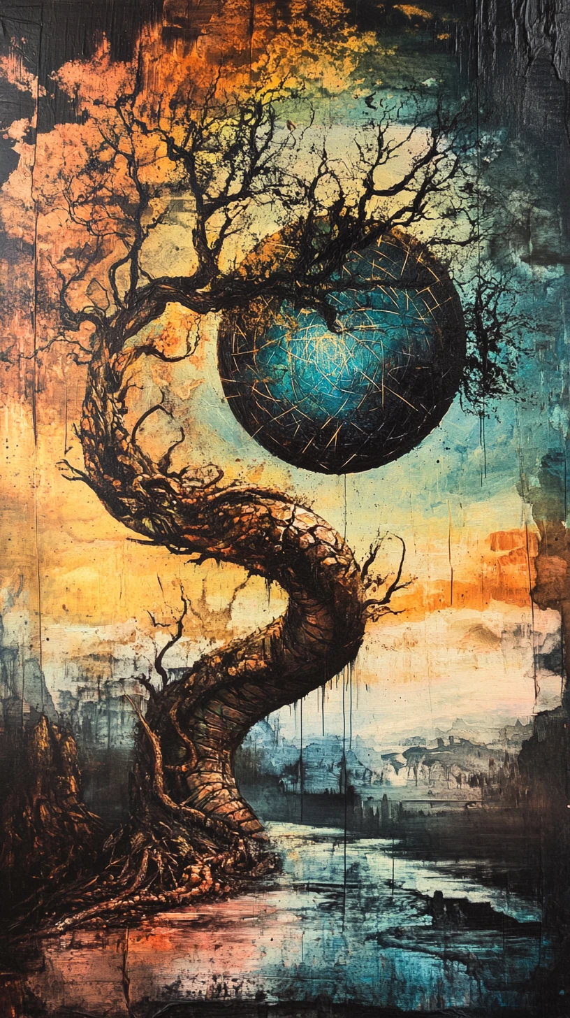 Surreal thorny tree rising over a mystical ancient landscape