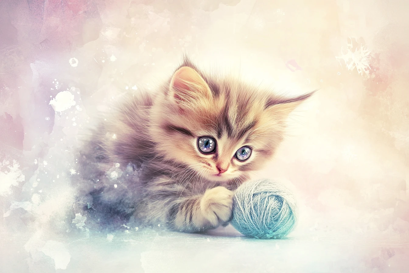 Fluffy kitten playing with yarn in soft watercolor pastels