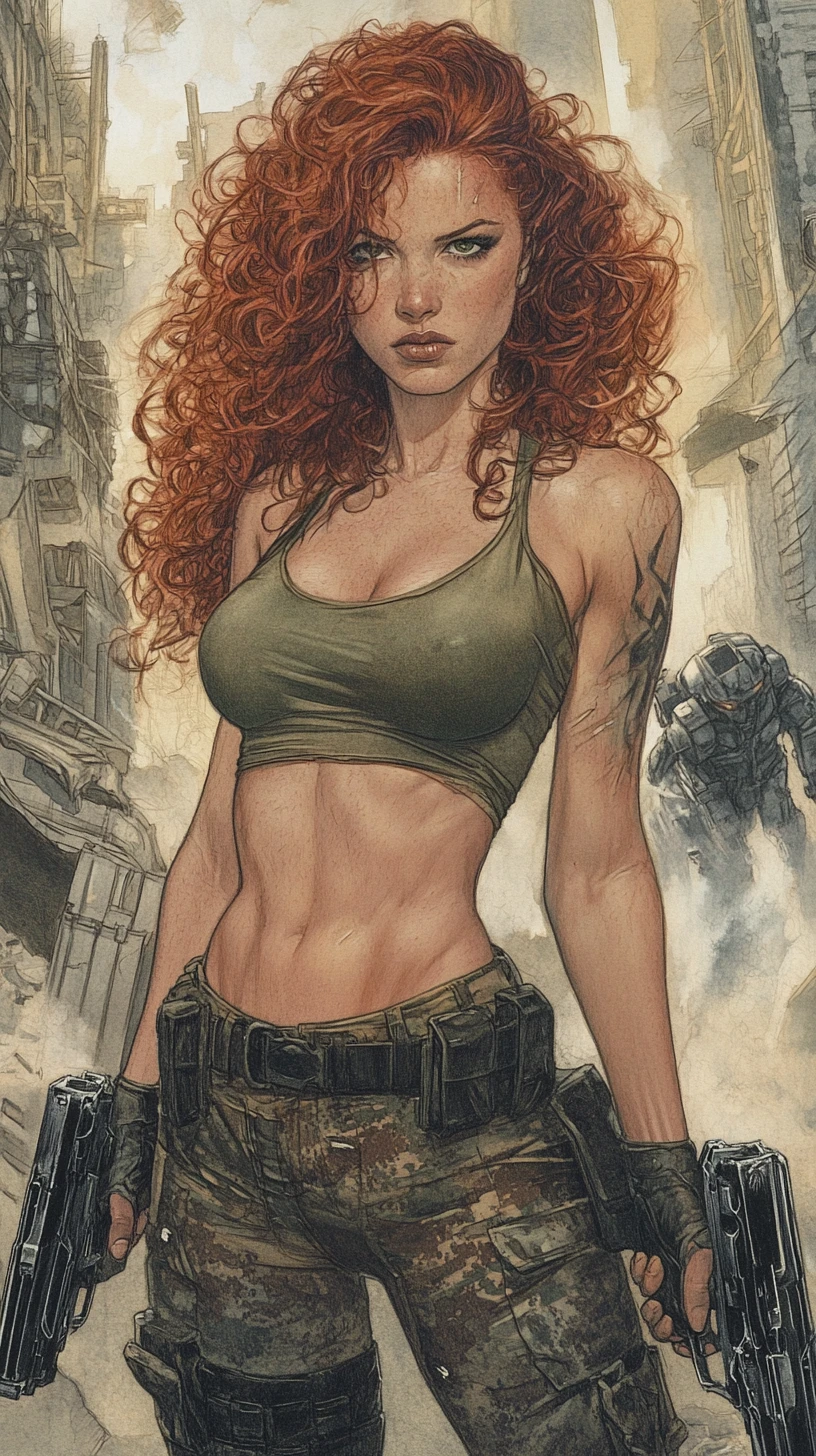 Battle hardened woman with pistols in ruined city