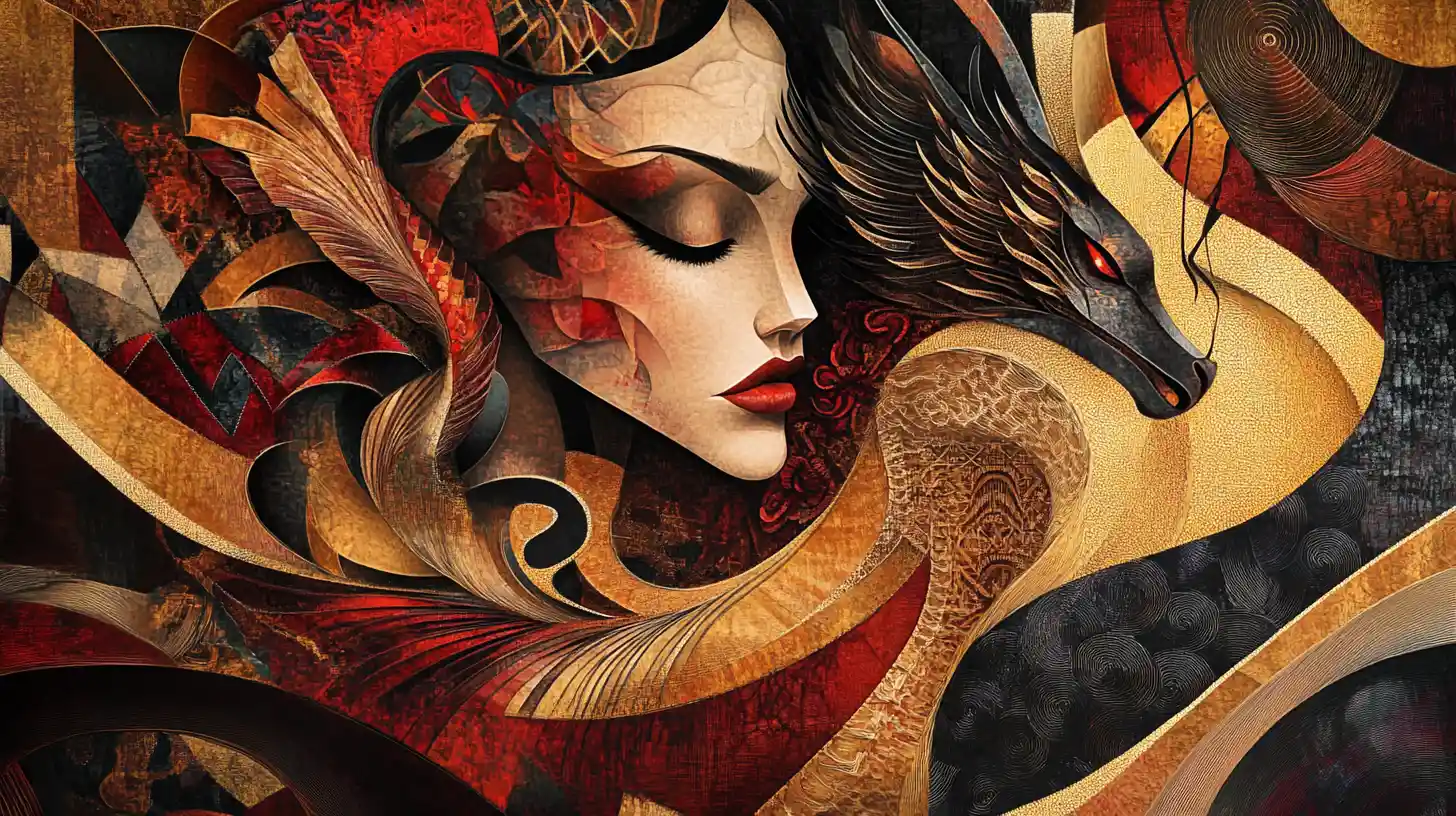 Mulher cubista entrelaçada com dragão em retrato abstrato místico