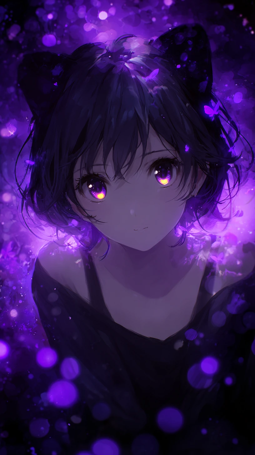 Anime-Katzenmädchen-Porträt mit leuchtend violetten Augen