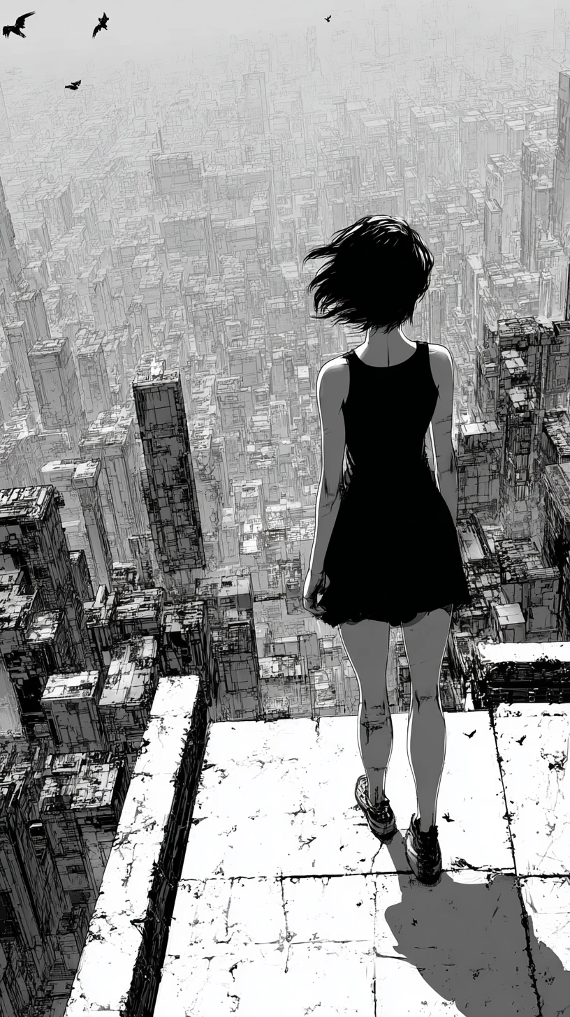 Anime girl on rooftop ledge above vast futuristic city