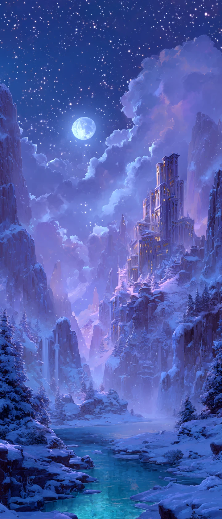 Castillo de fantasía nevado bajo la luz de la luna sobre un lago en calma