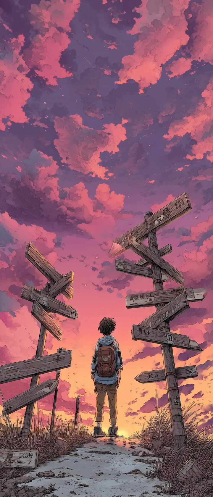 Weary anime traveler at a silent forgotten crossroads