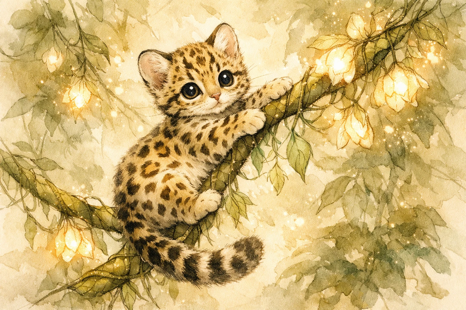 Tiny baby margay climbing vine in glowing jungle