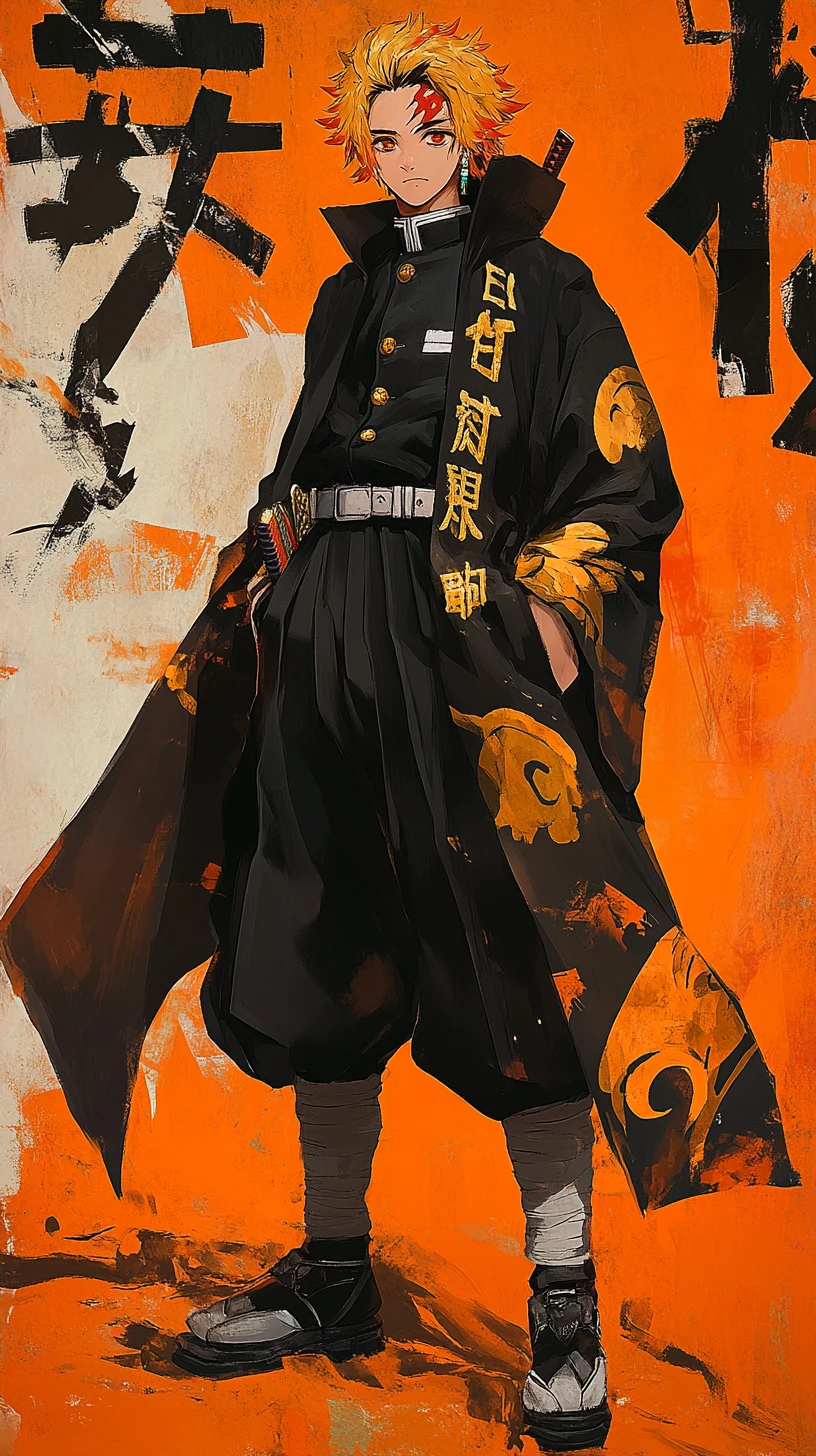 Anime hero in dark coat against bold orange kanji background