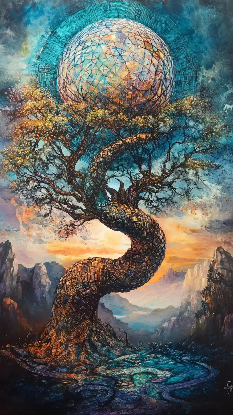Albero digitale surreale in un paesaggio mistico codificato