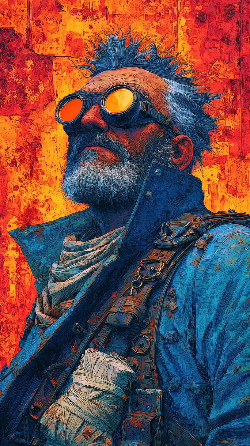 Steampunk hero in goggles against fiery abstract backdrop