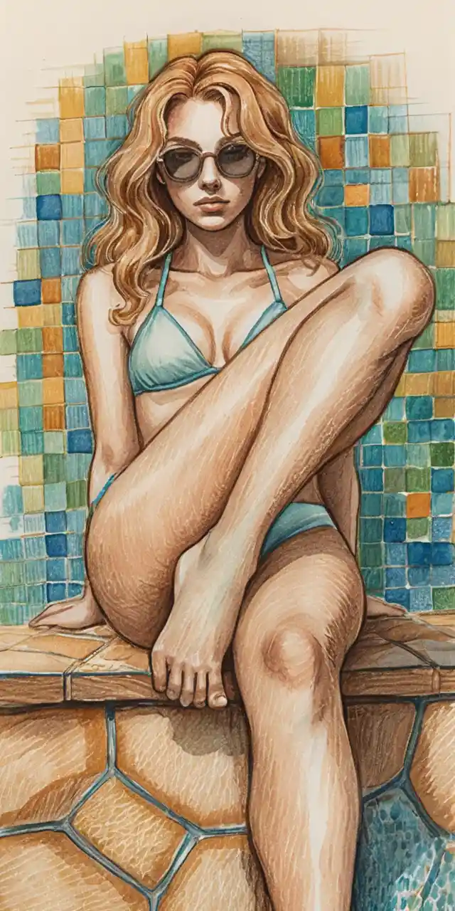 Confident woman in turquoise bikini by mosaic pool