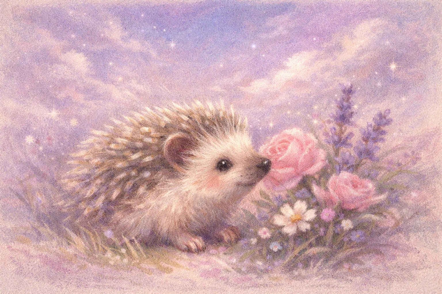 Curious hedgehog pastel drawing with soft flowers