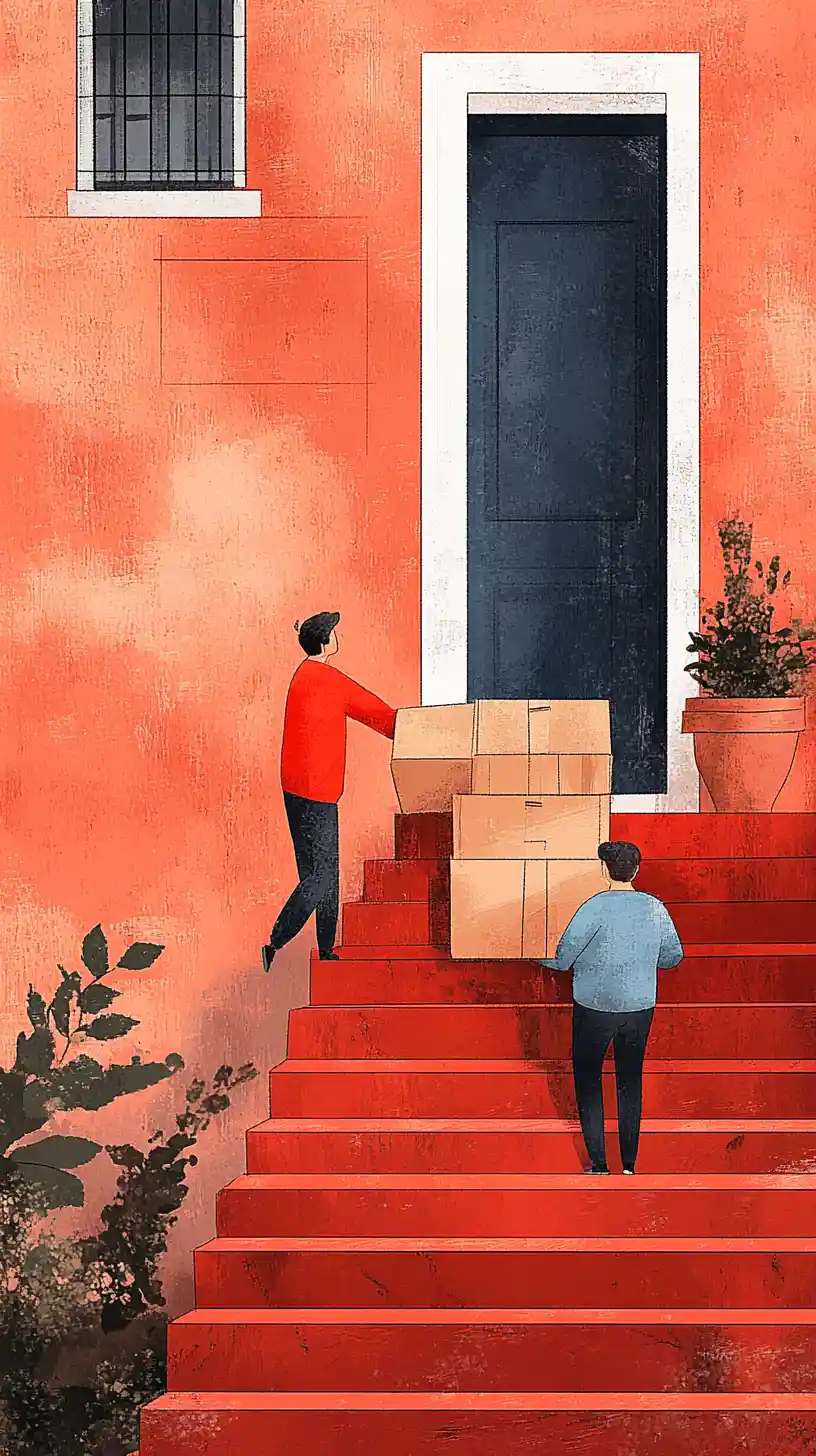 Dos mudanceros cargando un sofá pesado por una escalera exterior de ladrillo
