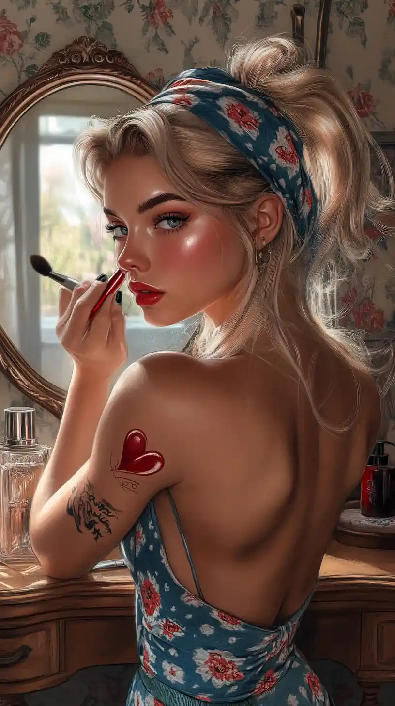 Blonde Frau trägt Lippenstift an einem Vintage-Frisiertisch auf