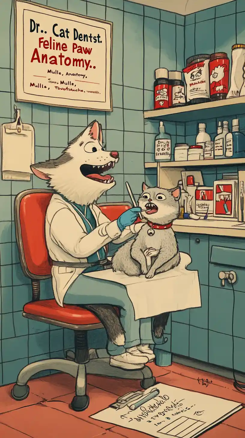 Cartoon dog dentist treating a gray cat in clinic