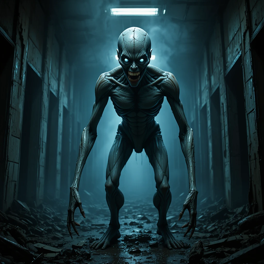 Terrifying humanoid monster in a dark abandoned environment