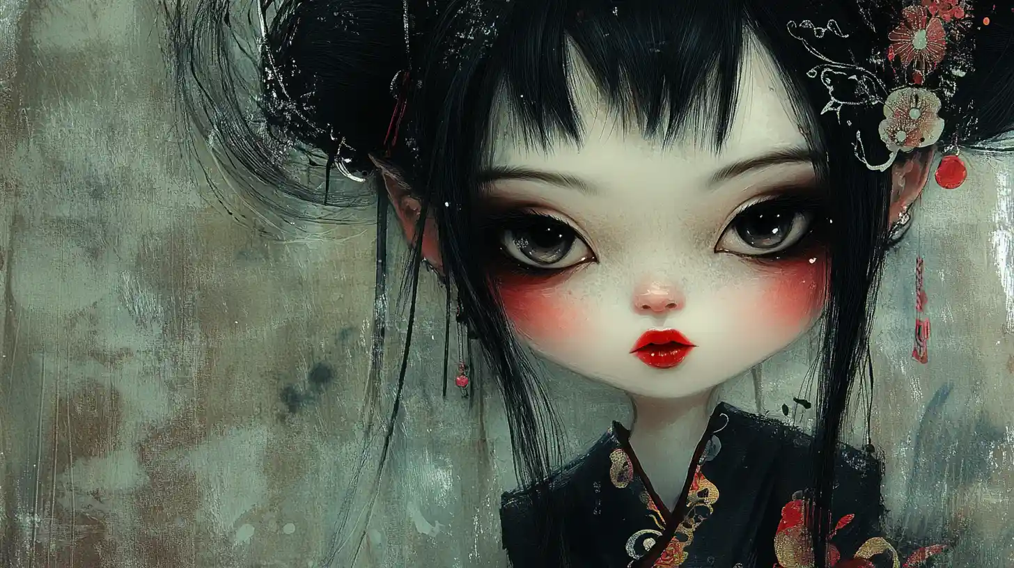 Gothic asian fairy doll with oversized head and eyes