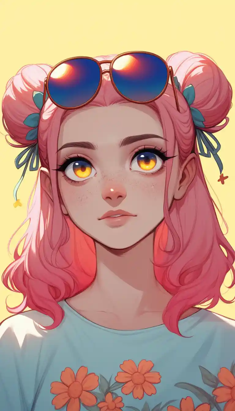 Pastel haired girl in floral fashion against yellow background