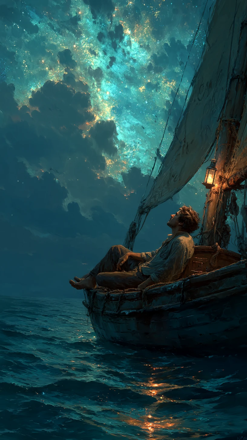 Man Sailing Alone On A Calm Night Ocean