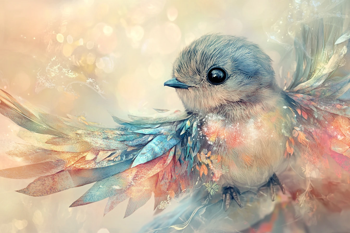 Ilustración lúdica de pajarito bebé en collage para decoración de guardería