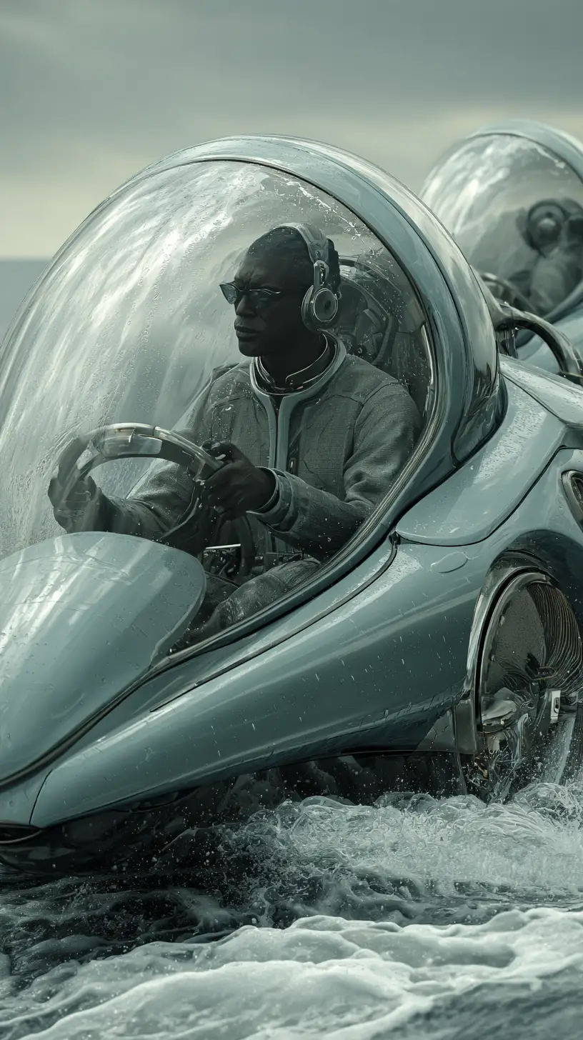 Afrofuturistic man piloting a pod through stormy ocean waves